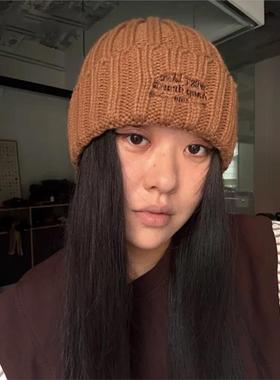 黑黄皮显白秋冬季大头围毛线帽女美式复古刺绣显脸小保暖针织帽男