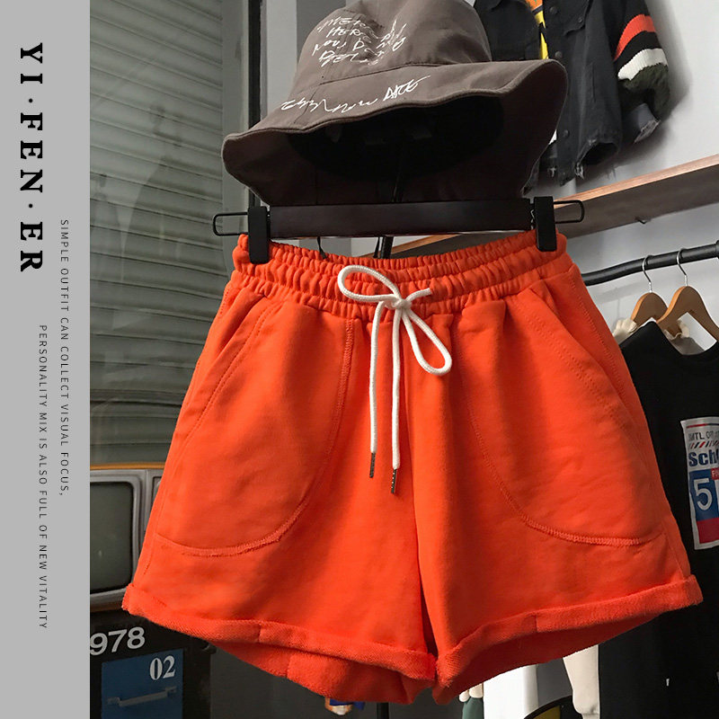 运动短裤女宽松2021夏新款高腰a字阔腿裤毛圈棉ins糖果色休闲热裤