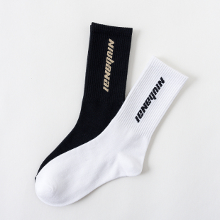 潮流防臭长袜黑白色高筒字母款 棉袜秋季 运动袜 长筒袜子男士 3双装