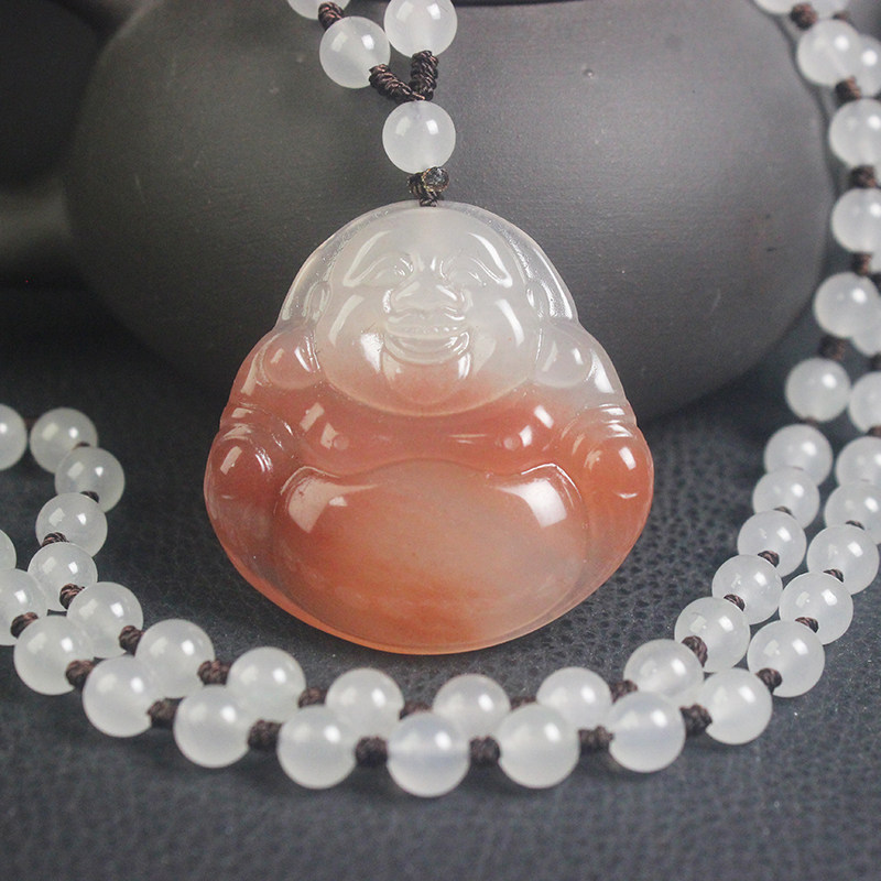 正品桂林鸡血玉贵妃料佛公吊坠项链纯天然粉色玉石带证书时尚冰透