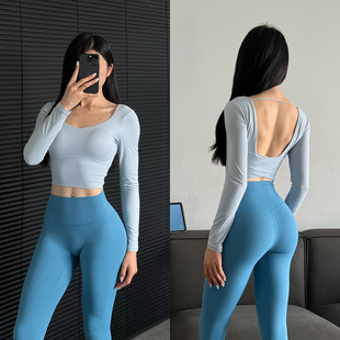 气质美背瑜伽服长袖 固定一体杯训练健身服普拉提绝美网纱上衣秋