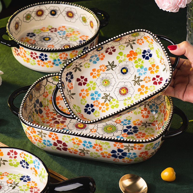 出口美式双耳烤盘超大号焗饭烤鸡烤肉面碗高颜值陶瓷餐具家用盘子