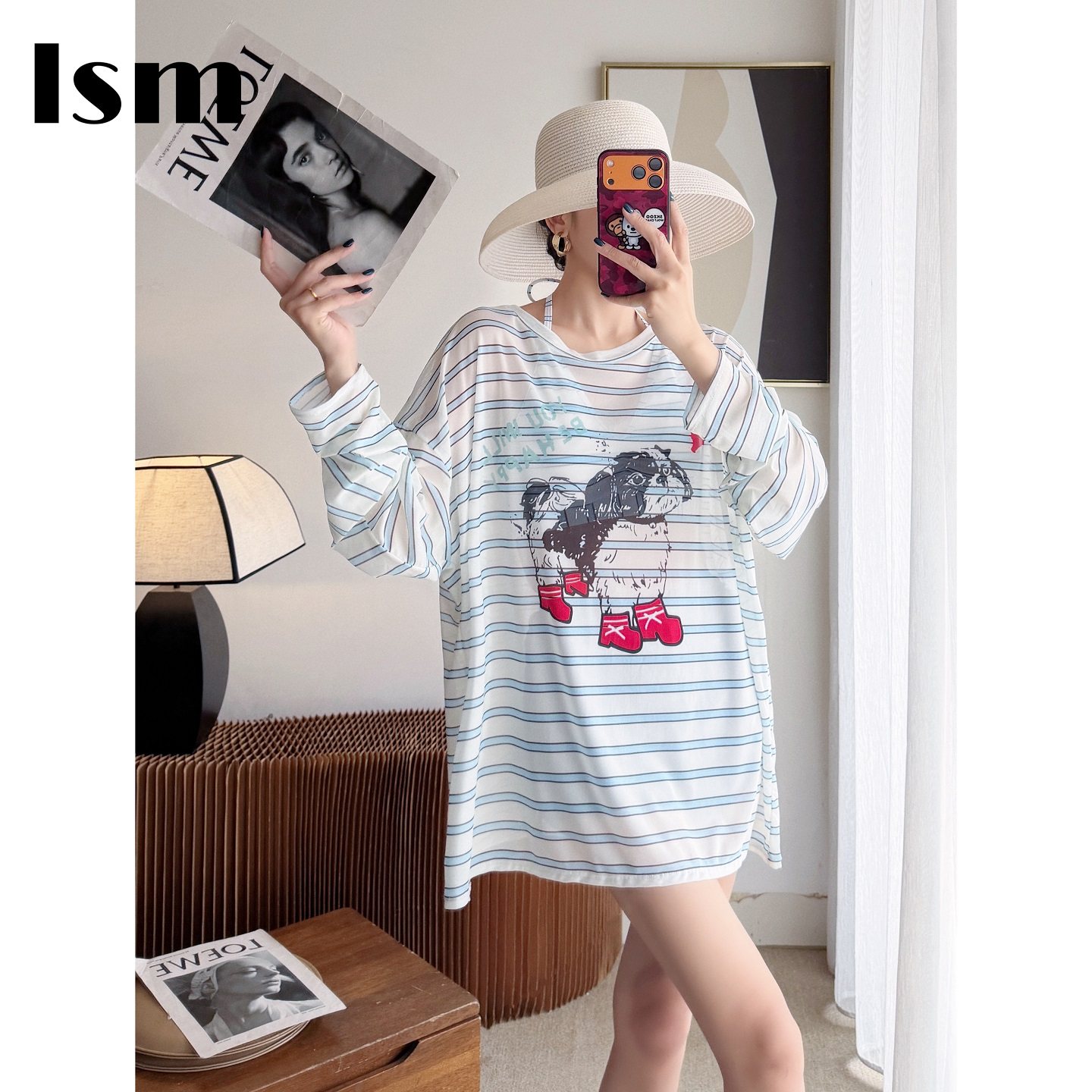 美式卡通风条纹挂脖长袖宽松显瘦微胖女孩保守学生泳衣女三件套