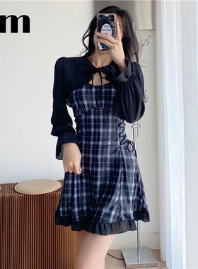 日系少女格子泳衣女高腰保守学生遮肚肉显瘦泡温泉分体长袖三件套