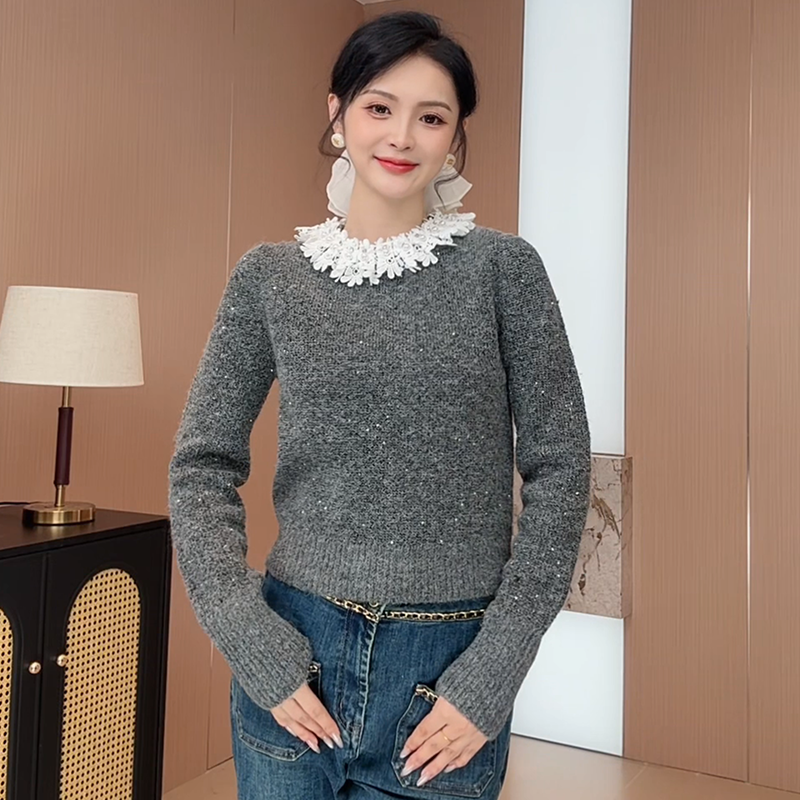 秋季新款亮片长袖毛针织衫上衣女