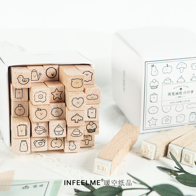 me暖空 手帐伴侣 木质印章 长条印章【简笔画系列】 25枚