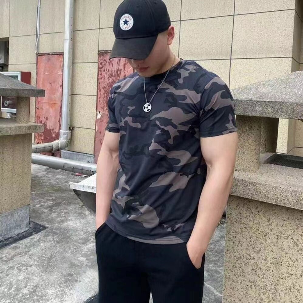 夏季潮流纯棉弹力短袖男士户外休闲迷彩修身半袖圆领t恤透气印花