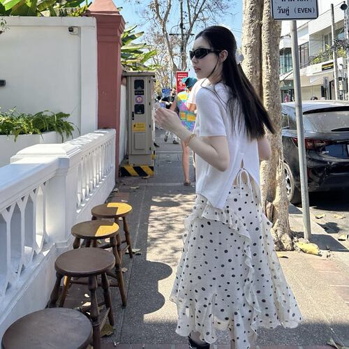 oker复古波点荷叶边A字裙白色不规则小个子高腰半身裙女