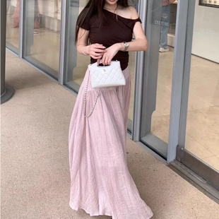 olive 飘逸过膝长裙大摆伞裙 2026春夏高腰苎麻天丝高腰度假法式