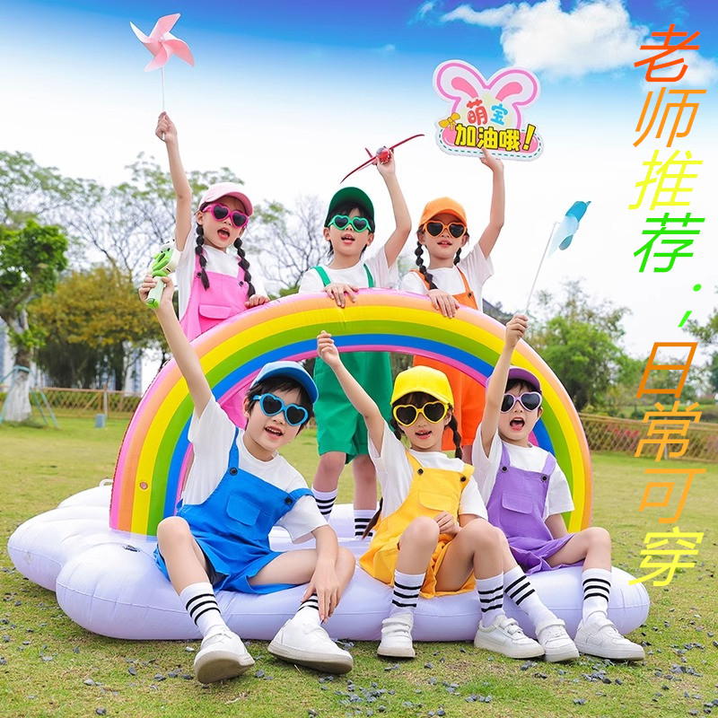 新六一男女童啦啦队儿童演出服幼儿园舞蹈糖果色毕业照背带裤表演