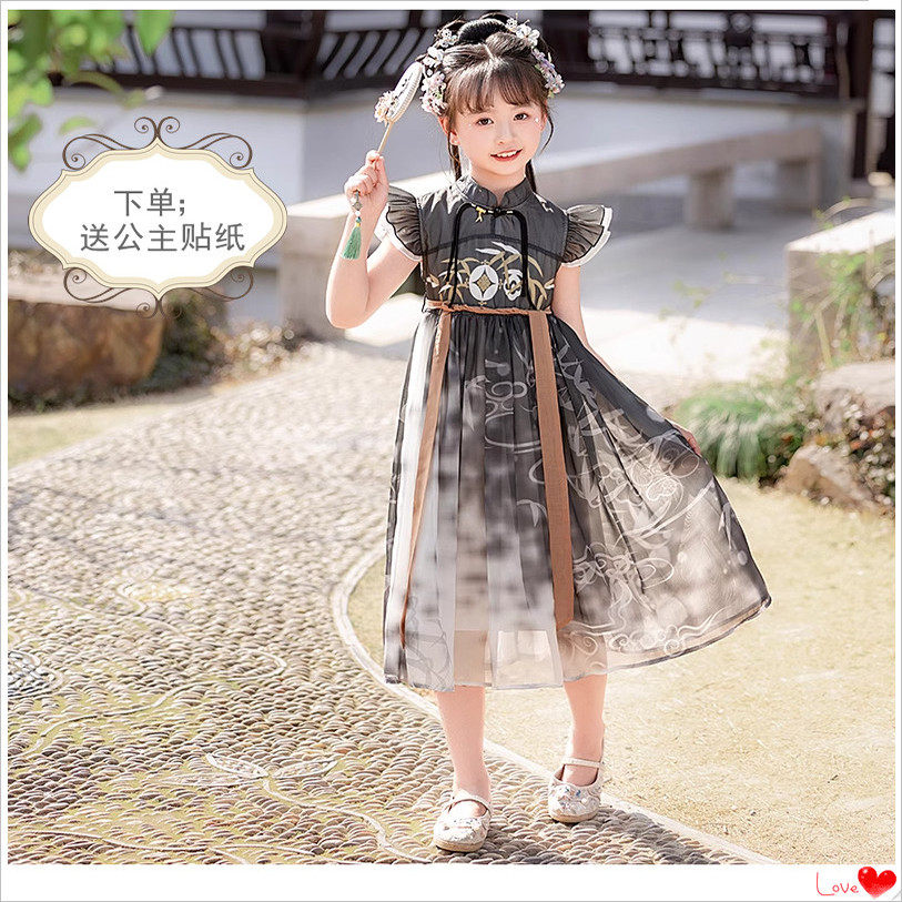 新夏季女童套装新中式汉服演出套装儿童合唱国学唐装女童古水墨风