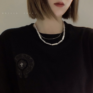 设计强光炫白牙签异形小银条 天然淡水珍珠项链长方条锁骨链镶嵌