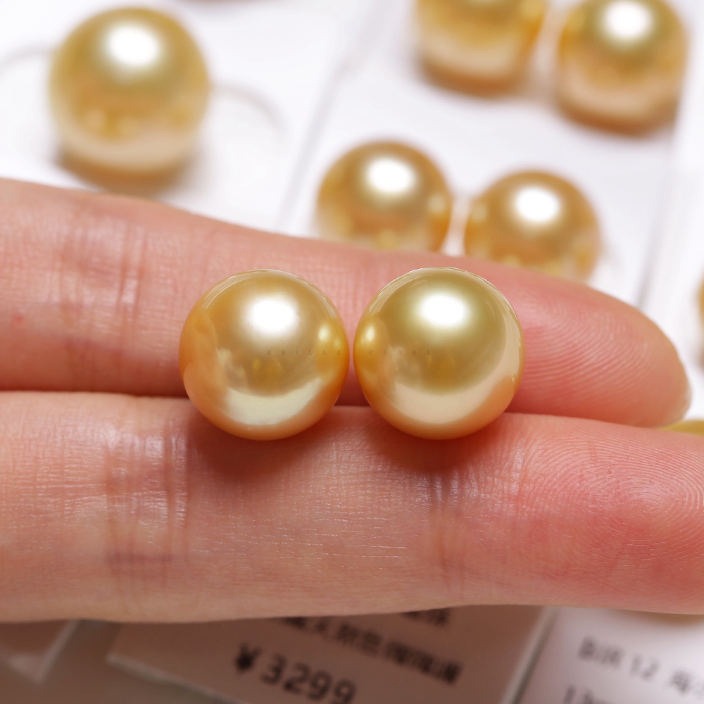 【天然色精品浓金南洋金珠正圆】12-14mm海水珍珠5A散珠极光BIS