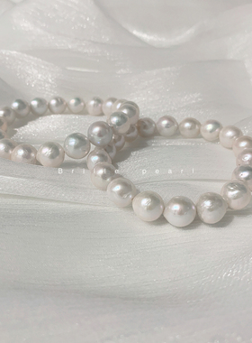 天然淡水白色爱迪生珍珠手链皱巴圆巴糖纸巴9mm强光白透皱皮手串