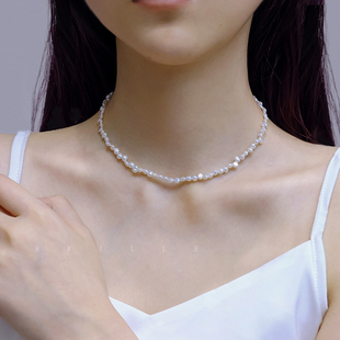 稀有极光天然巴洛克极小异形淡水珍珠小项链NAM 碎银子锁骨链