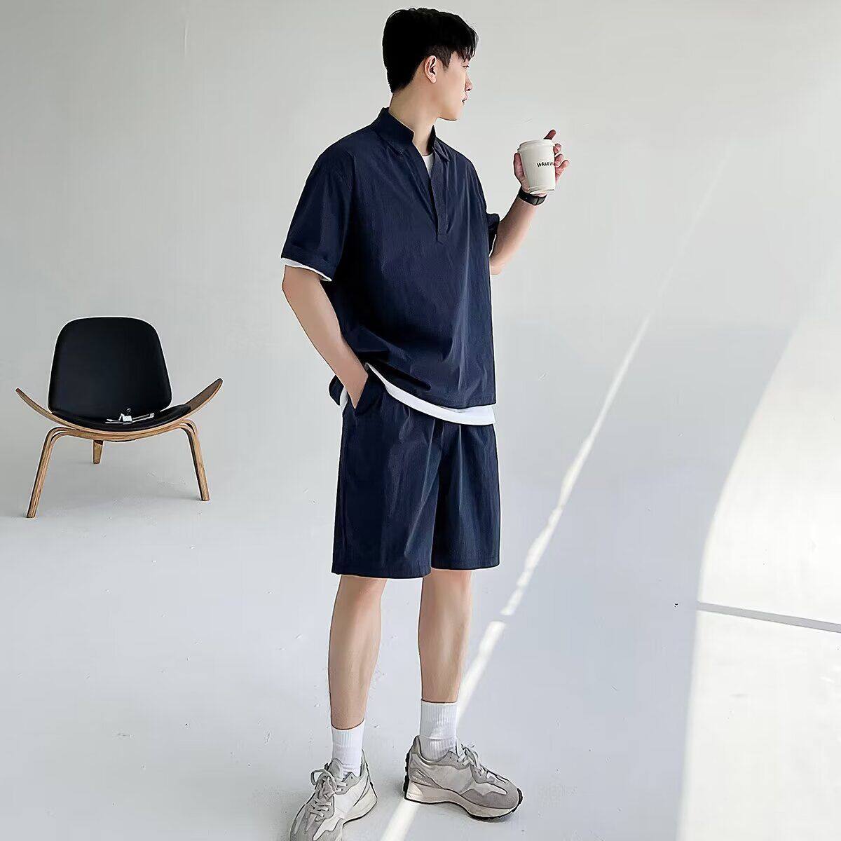 休闲运动套装男短袖夏季薄款V领五分袖Polo衫冰丝速干短裤两件套