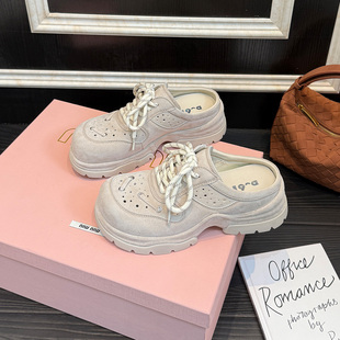 歌诗茵复古包头半拖鞋女2026春款厚底系带勃肯鞋百搭内增高懒人鞋