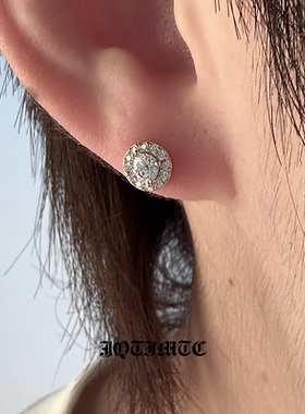 JQTIMTC《中心点》S925纯银耳钉男女重工锆石镶嵌满钻圆形耳饰品