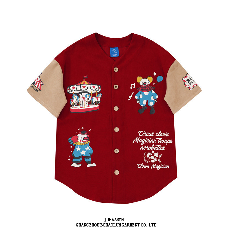 JueAaron夏季美式卡通印花棒球服短袖t恤ins中性风情侣装休闲衬衫