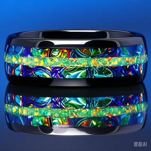 新款人造绿蛋白石不锈钢戒指，男士结婚戒指，8毫米承诺戒指