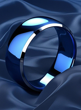 新款欧美简约时尚戒指，不锈钢蓝色8MM双斜边空白高级感飾品