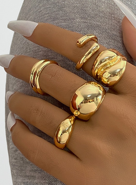 欧美跨境几何KC金电镀合金材质球形戒指4件套不规则光面开口戒指