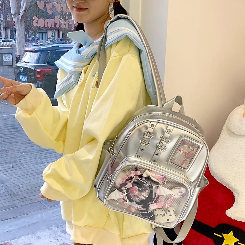 时尚新款双肩包女透明双肩包大容量大学生背包pu双肩痛包吧唧痛包