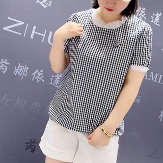 3156女权贵族夏季新款韩版宽松显瘦胖MM大码女常规款格子短袖T恤