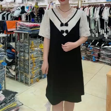 8038夏季新款韩版修身显瘦胖MM大码女装中长款短袖拼色V领连衣裙