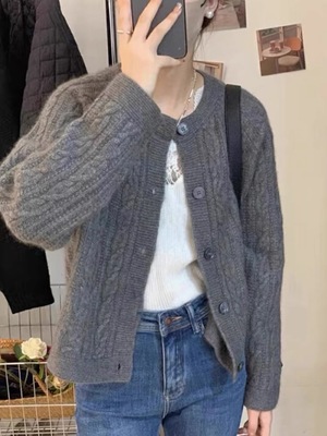 重磅秋冬款100%纯羊毛开衫女圆领宽松麻花毛衣外套加厚针织羊绒衫