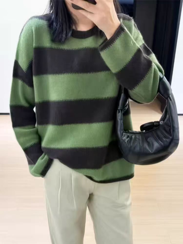 秋冬新款100%纯羊毛衫女圆领条纹拼色毛衣宽松显瘦百搭打底衫上衣