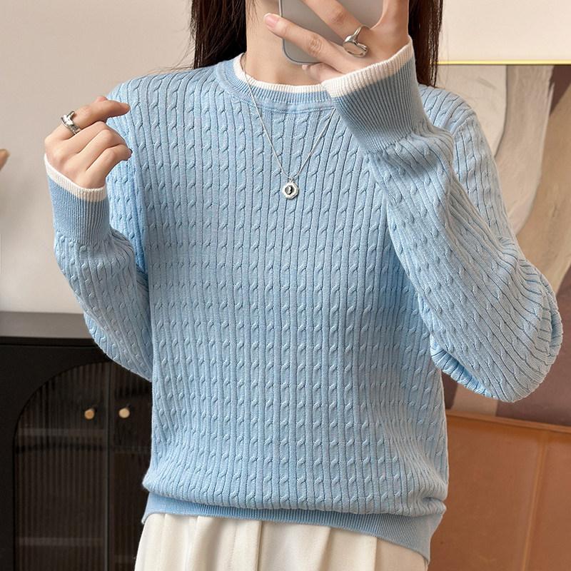 100%纯棉圆领麻花针织衫女春秋新款长袖宽松显瘦打底毛衣套头上衣