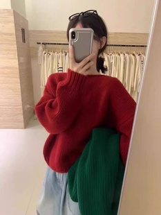 短款 100%羊毛内搭打底毛衣女秋冬加厚一字领针织羊绒衫 慵懒风上衣
