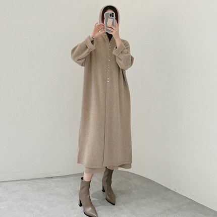 秋冬新款连帽100%羊毛针织开衫女中长款宽松羊绒毛衣外套外搭上衣