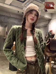 宋正恩绿色100%羊毛针织开衫毛衣外套女秋装羊衫加厚宽松大码外套