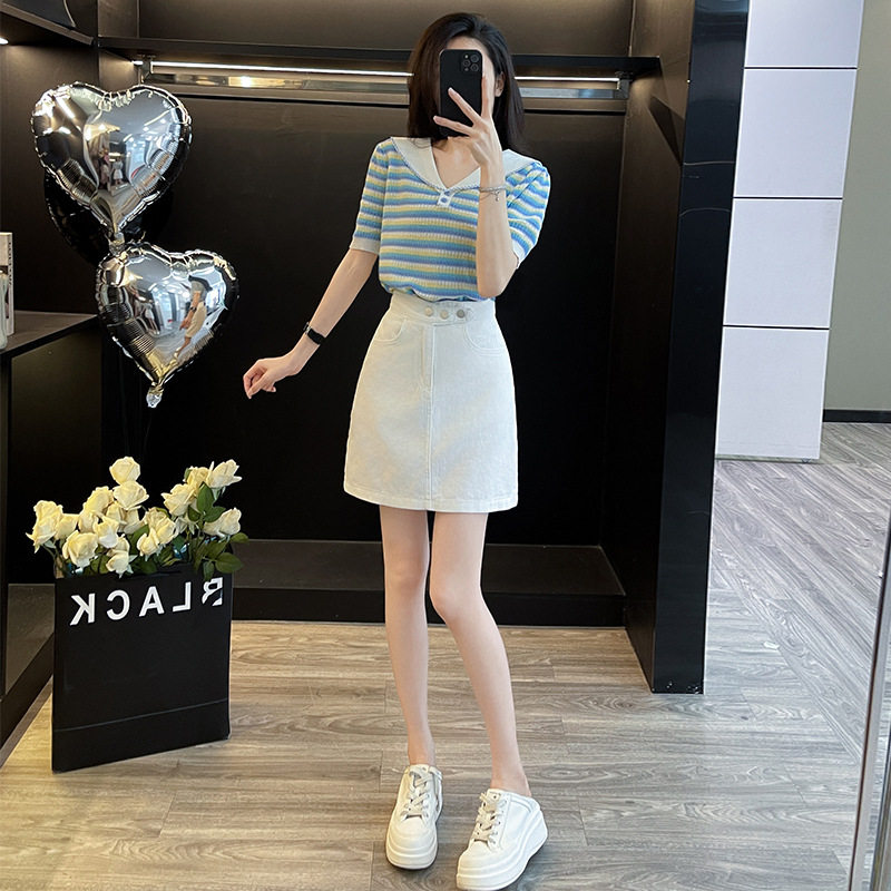 小个子短袖针织衫女薄款条纹毛衣2026夏季新款洋气减龄上衣两件套