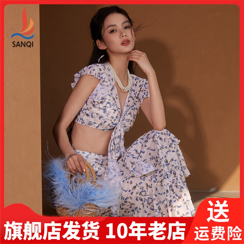 三奇分体泳衣女高级感2025新款泡温泉度假小胸比基尼四件套泳装