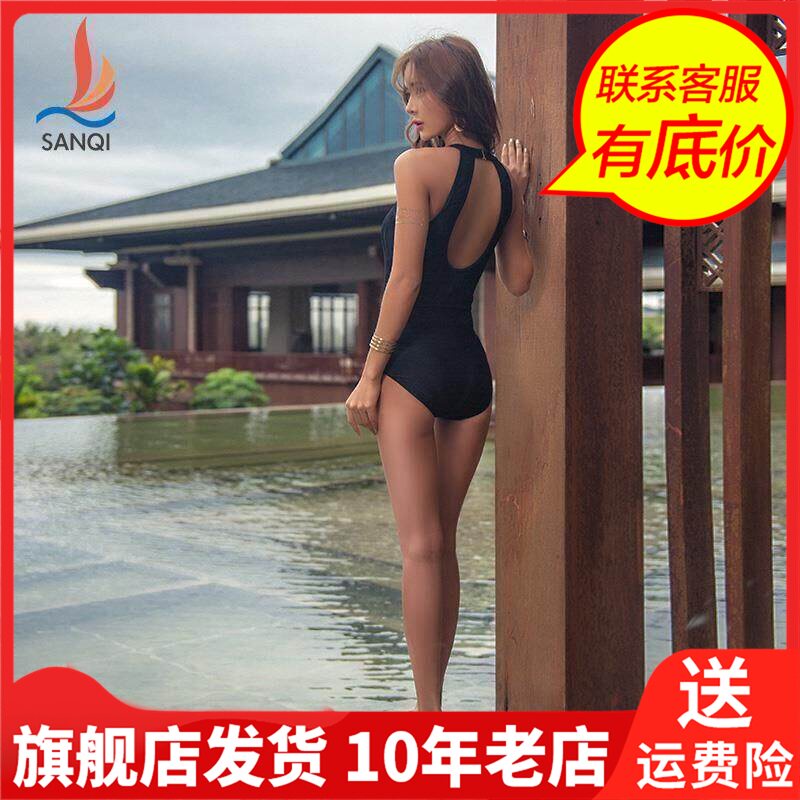 三奇泳衣女性感露背连体显瘦遮肚韩国泡温泉小胸聚拢黑白色游泳装