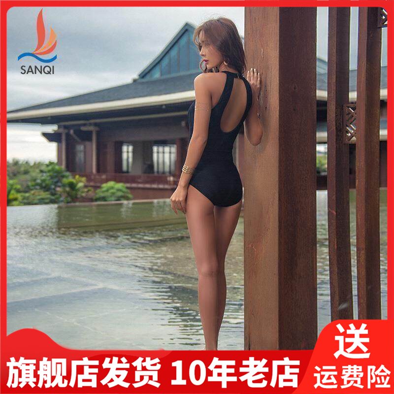 三奇泳衣女性感露背连体显瘦遮肚韩国泡温泉小胸聚拢黑白色游泳装