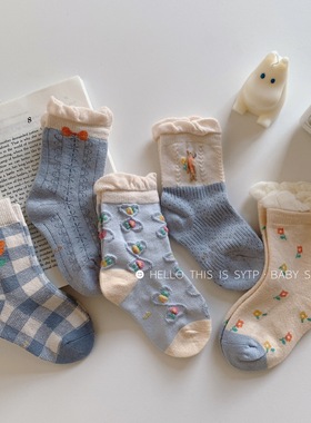 5双女童袜子 春秋冬季花边纯棉中筒袜韩版森系碎花卡通蓝色宝宝袜