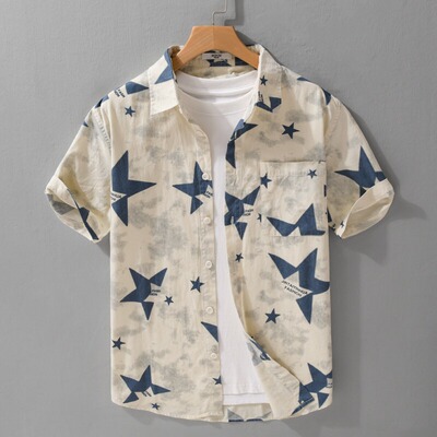 夏季男士星星印花宽松短袖衬衫