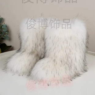 跨境冬季 中筒加厚黑熊靴子 毛毛雪地靴女保暖防貉子毛欧美大码