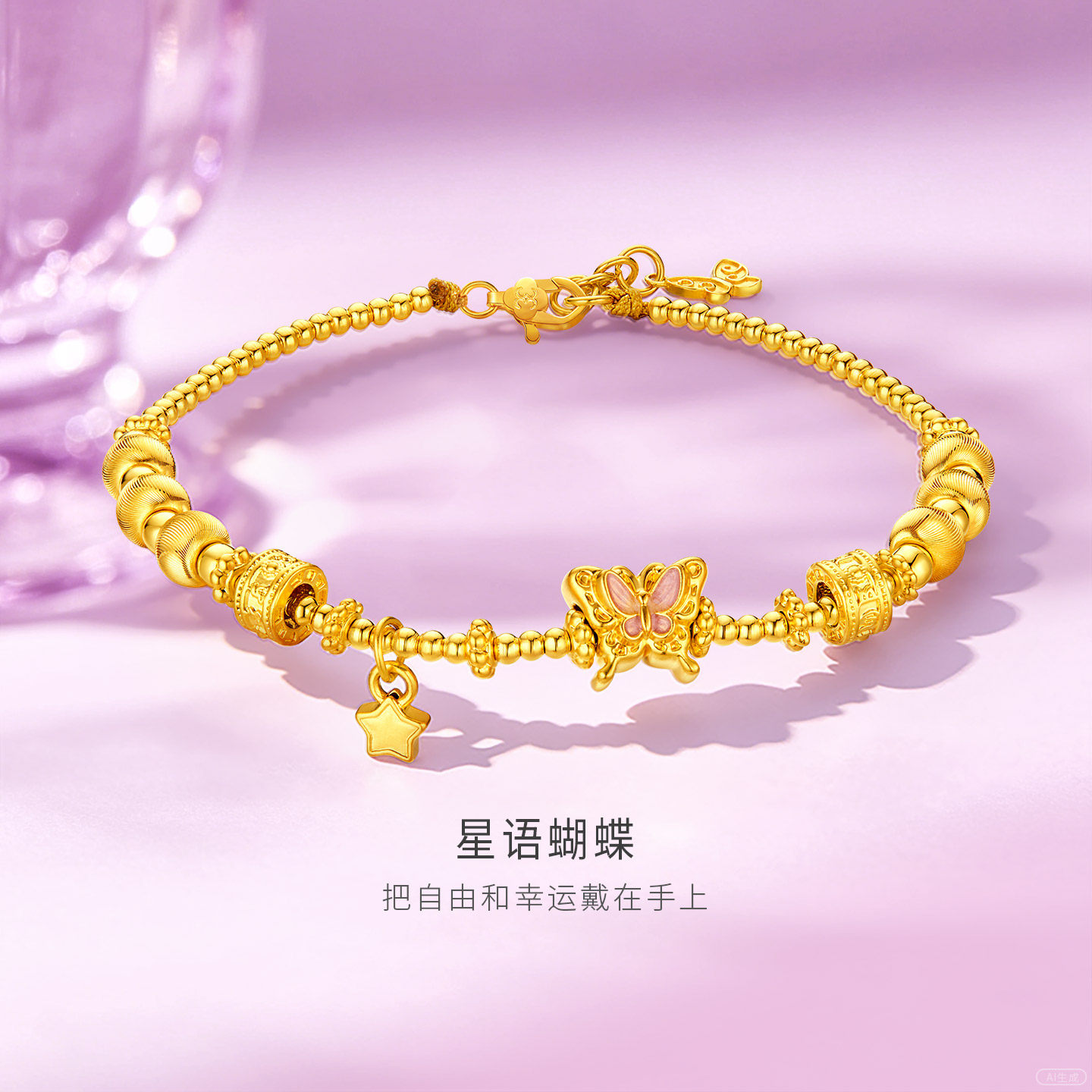 金至尊星语蝴蝶黄金手链女硬足金珠手串星星猫眼珠轻奢手饰送老婆