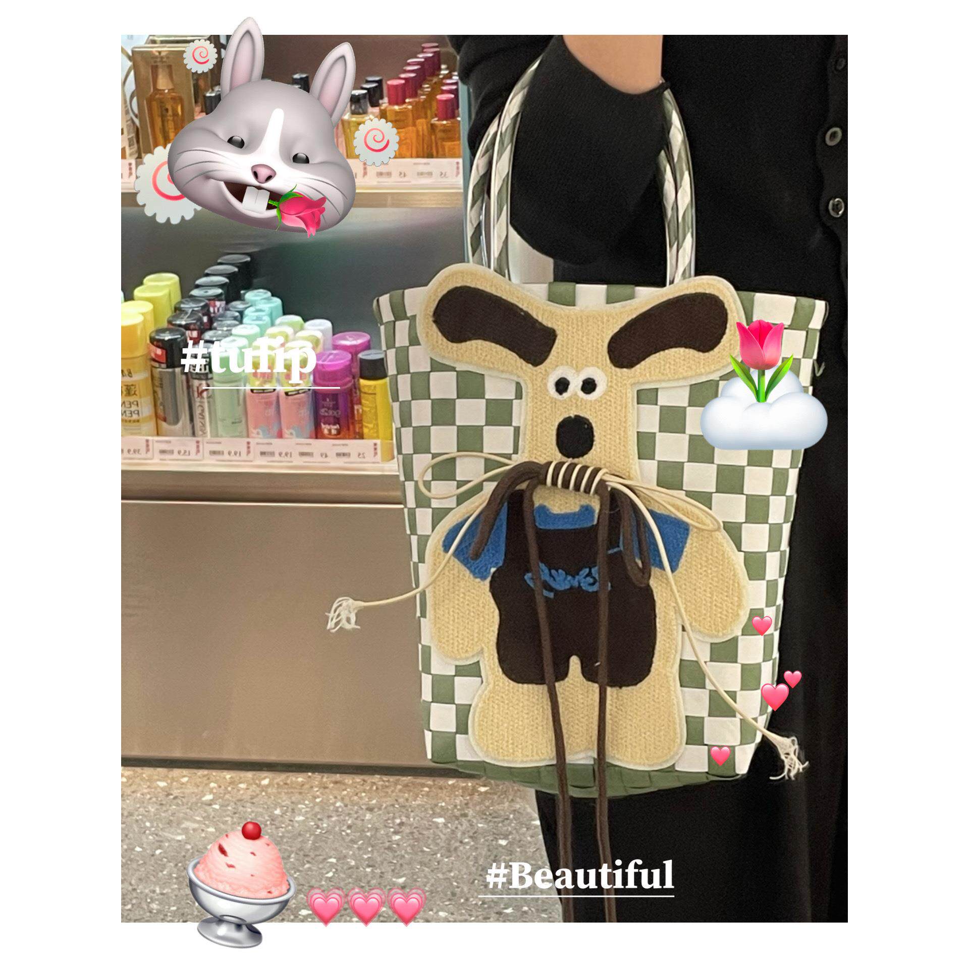 全网du家原创设计 竖款大号掌门狗 可爱卡通手提菜篮子编织包方包