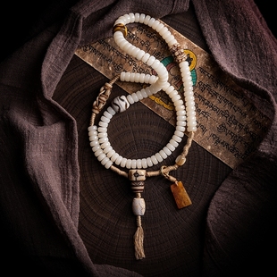 卡杰格朵.藏式编绳的菩提根手串 天然白玉菩提根佛珠手链108颗