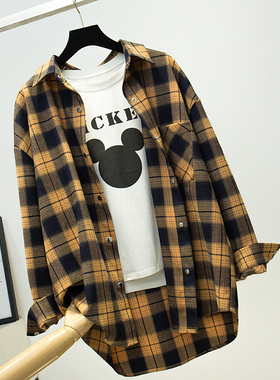 格子衬衫女外套宽松韩版厚2025款秋季中长款长袖磨毛复古港味大