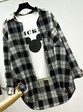 2025黑白格子衬衫女春秋中长款长袖宽松休闲外套纯棉磨毛百搭复古