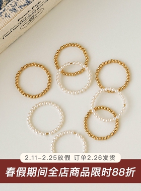 施家珍珠/迷你金珠极细戒指 美产14k注金叠戴精致ins时尚百搭尾戒