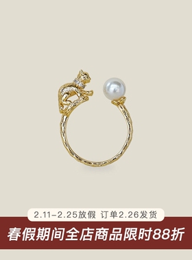 施家珍珠/猫咪锆石开口戒指复古可爱轻奢ins小众设计精致指环女