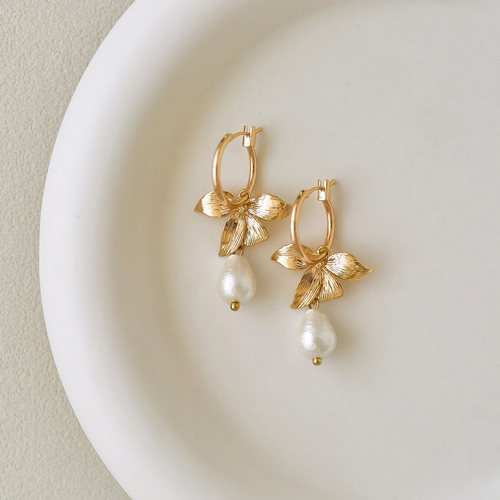 棉花珍珠/四叶花朵耳圈耳扣 法式气质优雅轻奢高级感小众设计耳环